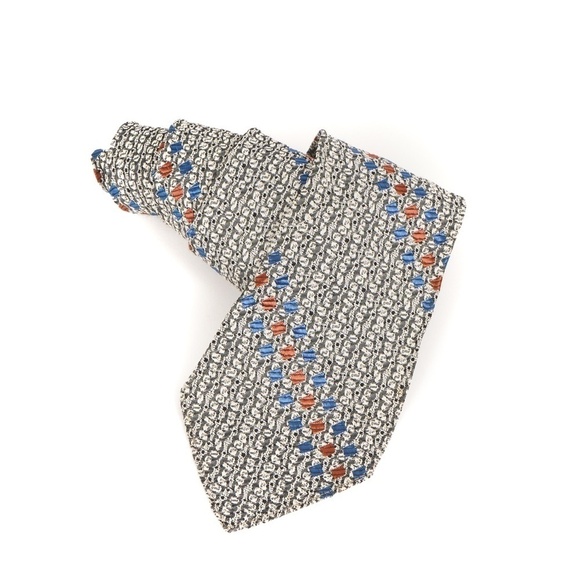 Unbranded Grey Geometric Pattern Silk W/small Blue and Brown Diamond Pattern Tie - Picture 3 of 6